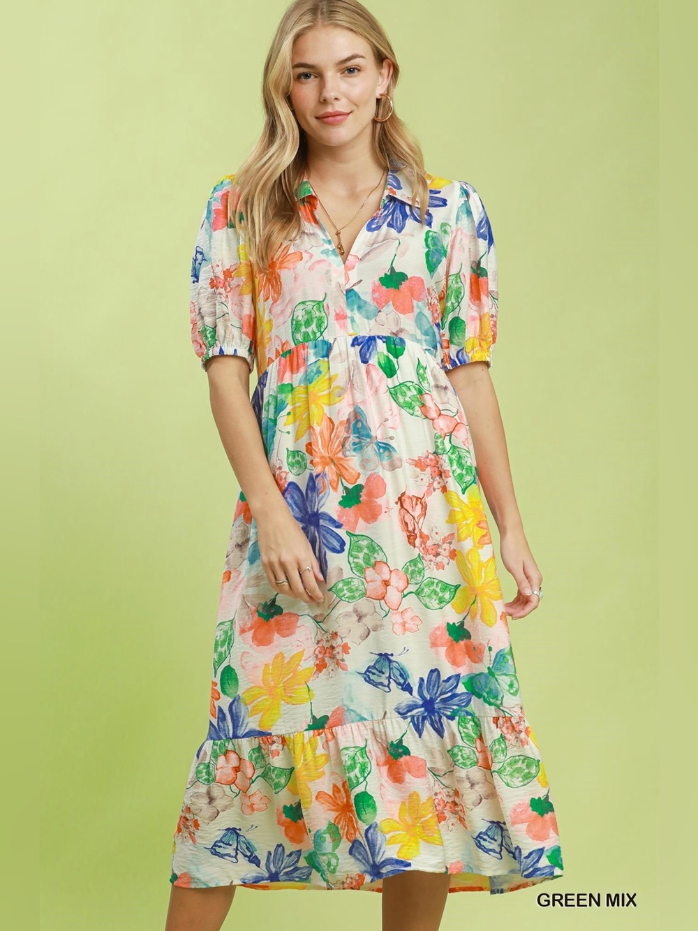 Umgee Watercolor Floral Tiered Midi Dress🛍️